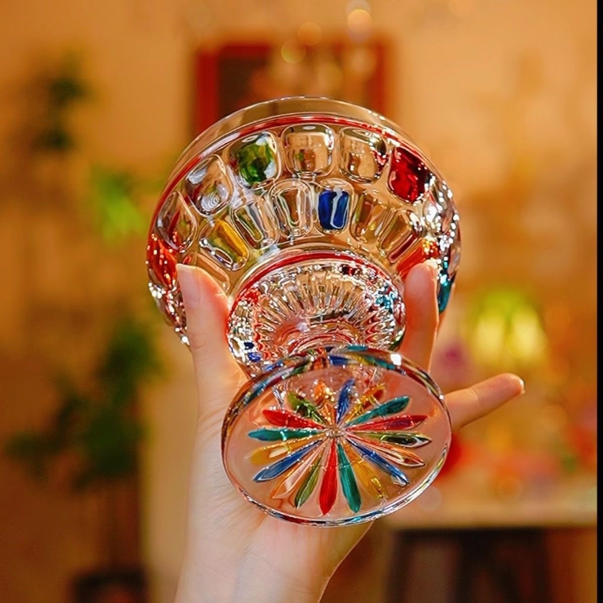 Painted Crystal Glass Small Goblet Fruit Bowl – Home Living Room Snack/Candy/Ice Cream Dish