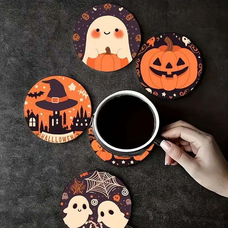 Halloween Pumpkin Printed Heat-Resistant Non-Slip Wooden Coasters