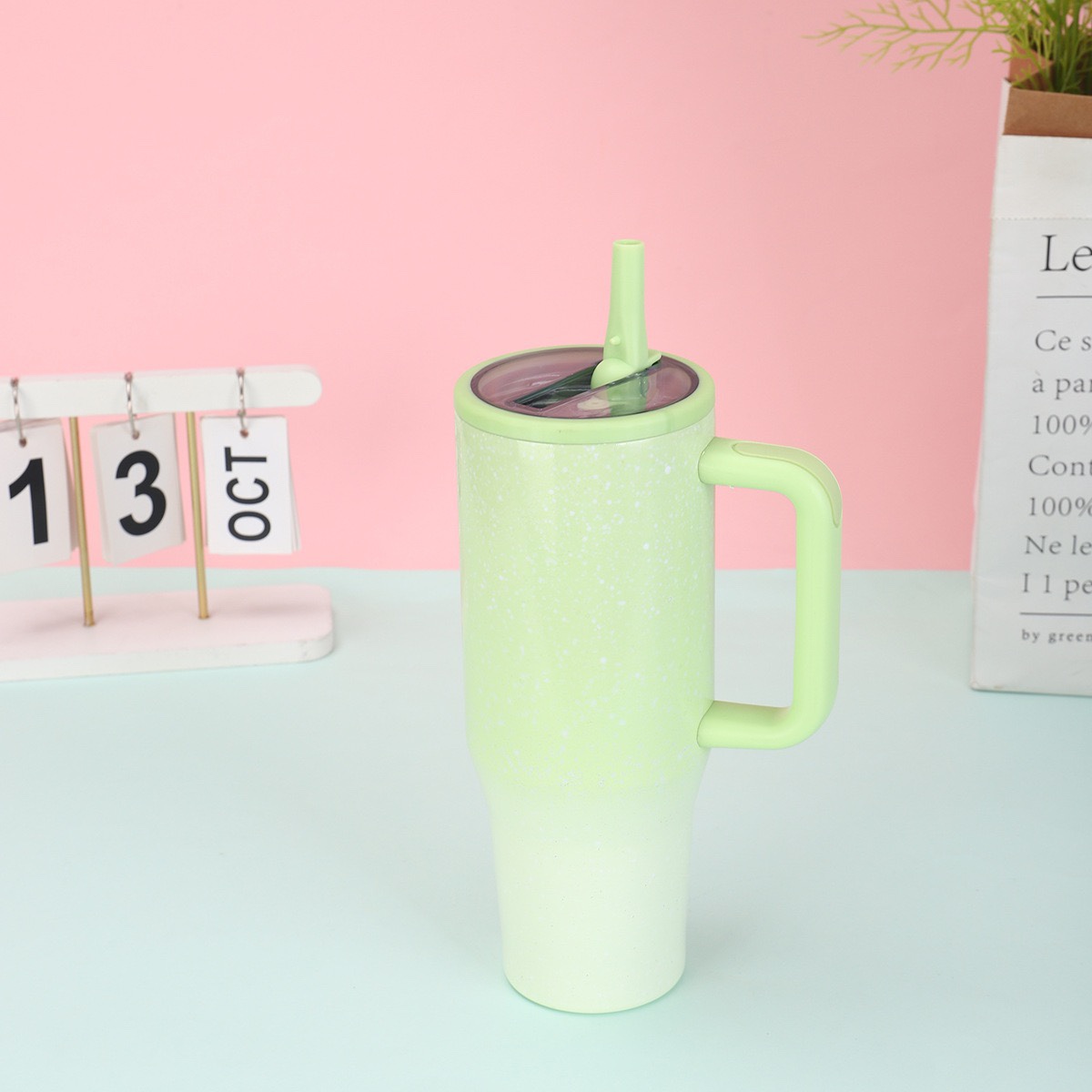 Creative 40oz Glow-in-the-Dark Handle Car Mug, Double-Walled Stainless Steel Insulated Cup with Night Fluorescent Straw