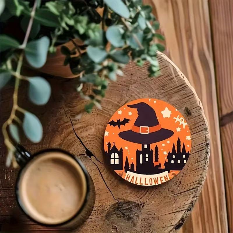 Halloween Pumpkin Printed Heat-Resistant Non-Slip Wooden Coasters