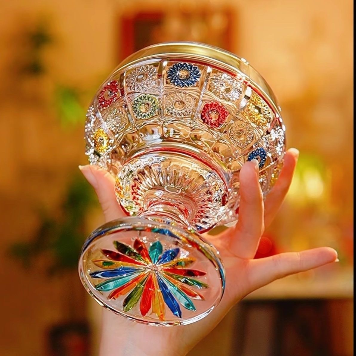 Painted Crystal Glass Small Goblet Fruit Bowl – Home Living Room Snack/Candy/Ice Cream Dish