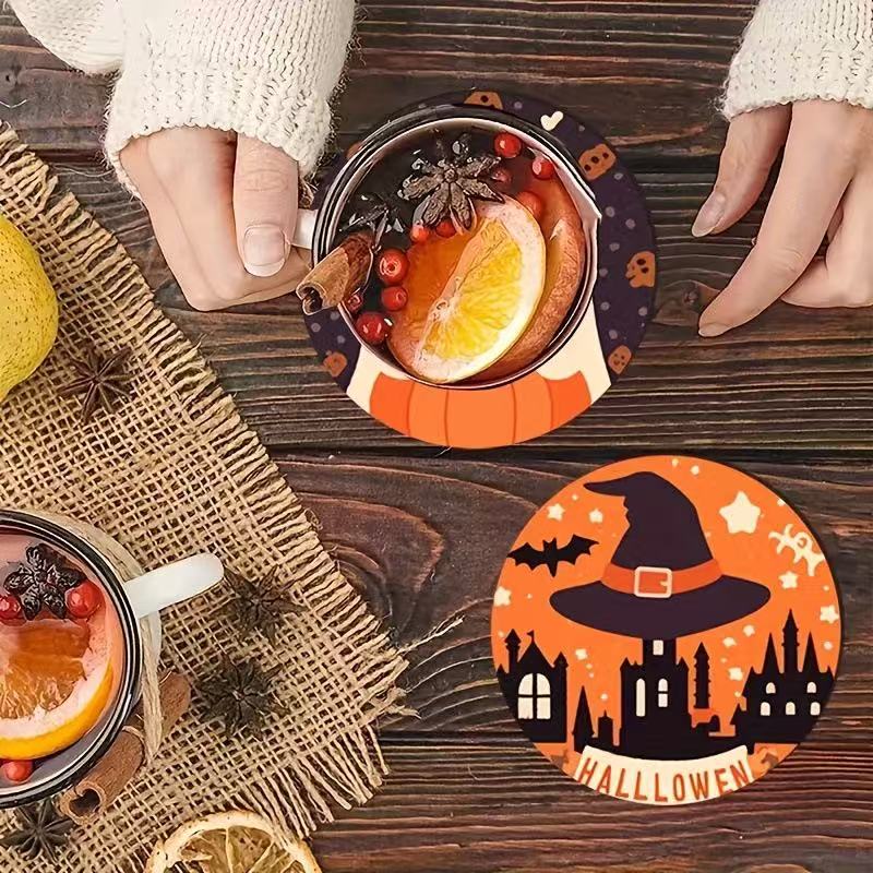 Halloween Pumpkin Printed Heat-Resistant Non-Slip Wooden Coasters