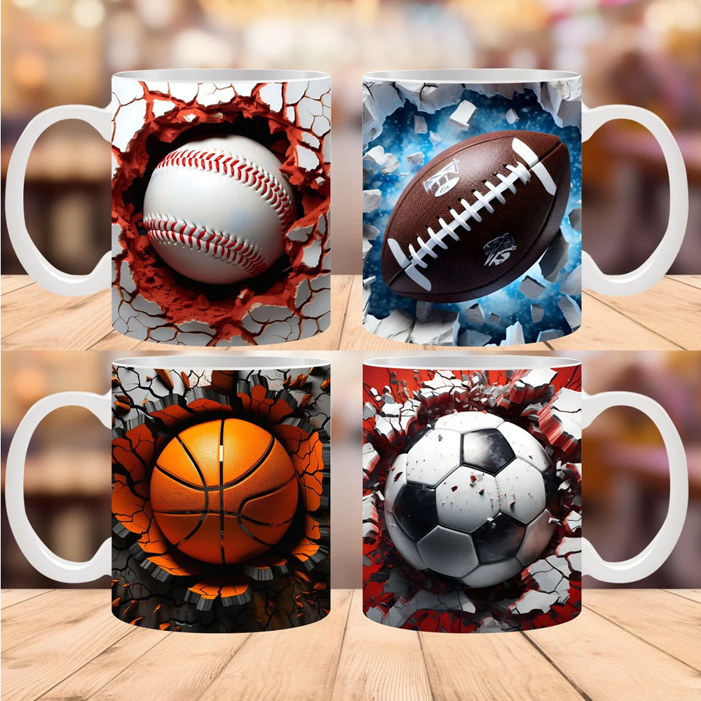 3D pictures of football, basketball, rugby, ceramic mugs, coffee cups
