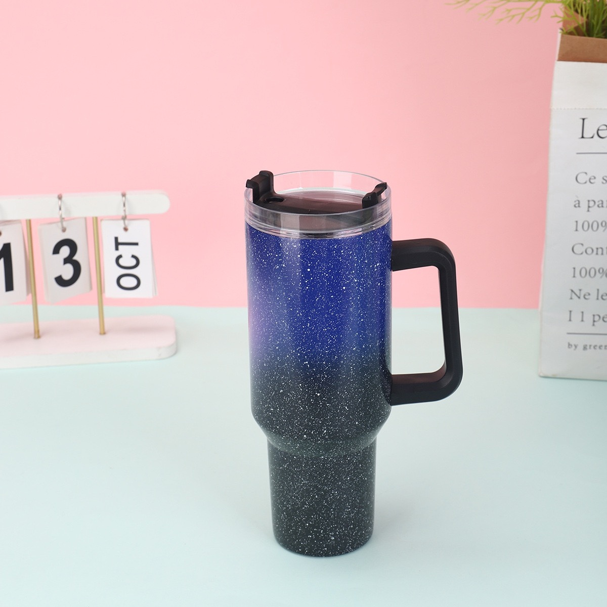 Creative 40oz Glow-in-the-Dark Handle Car Mug, Double-Walled Stainless Steel Insulated Cup with Night Fluorescent Straw