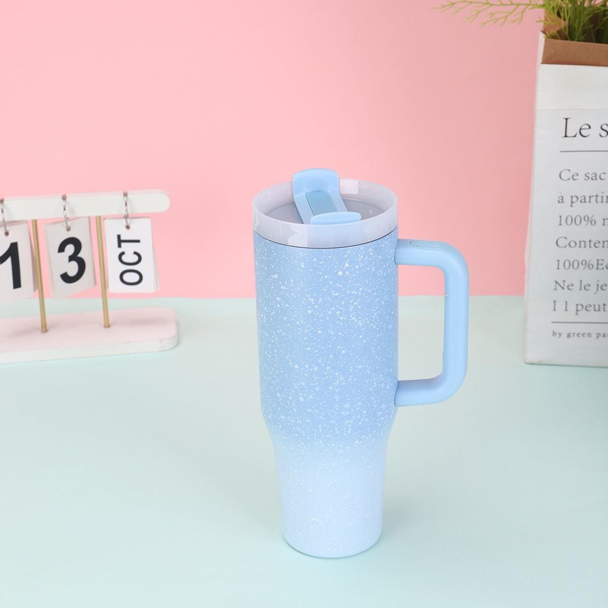 Creative 40oz Glow-in-the-Dark Handle Car Mug, Double-Walled Stainless Steel Insulated Cup with Night Fluorescent Straw