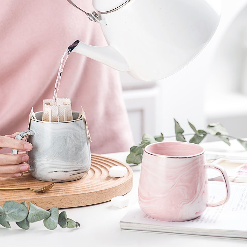 Marble Pattern Ceramic Nordic Mug Couple Coffee Chocolate Milk Tea Breakfast Glass Cup Gold Lining LA