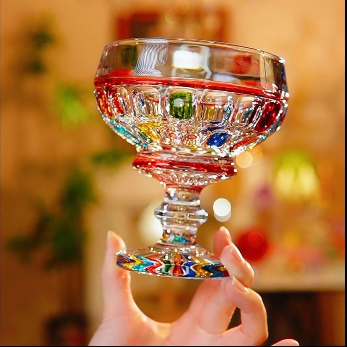 Painted Crystal Glass Small Goblet Fruit Bowl – Home Living Room Snack/Candy/Ice Cream Dish
