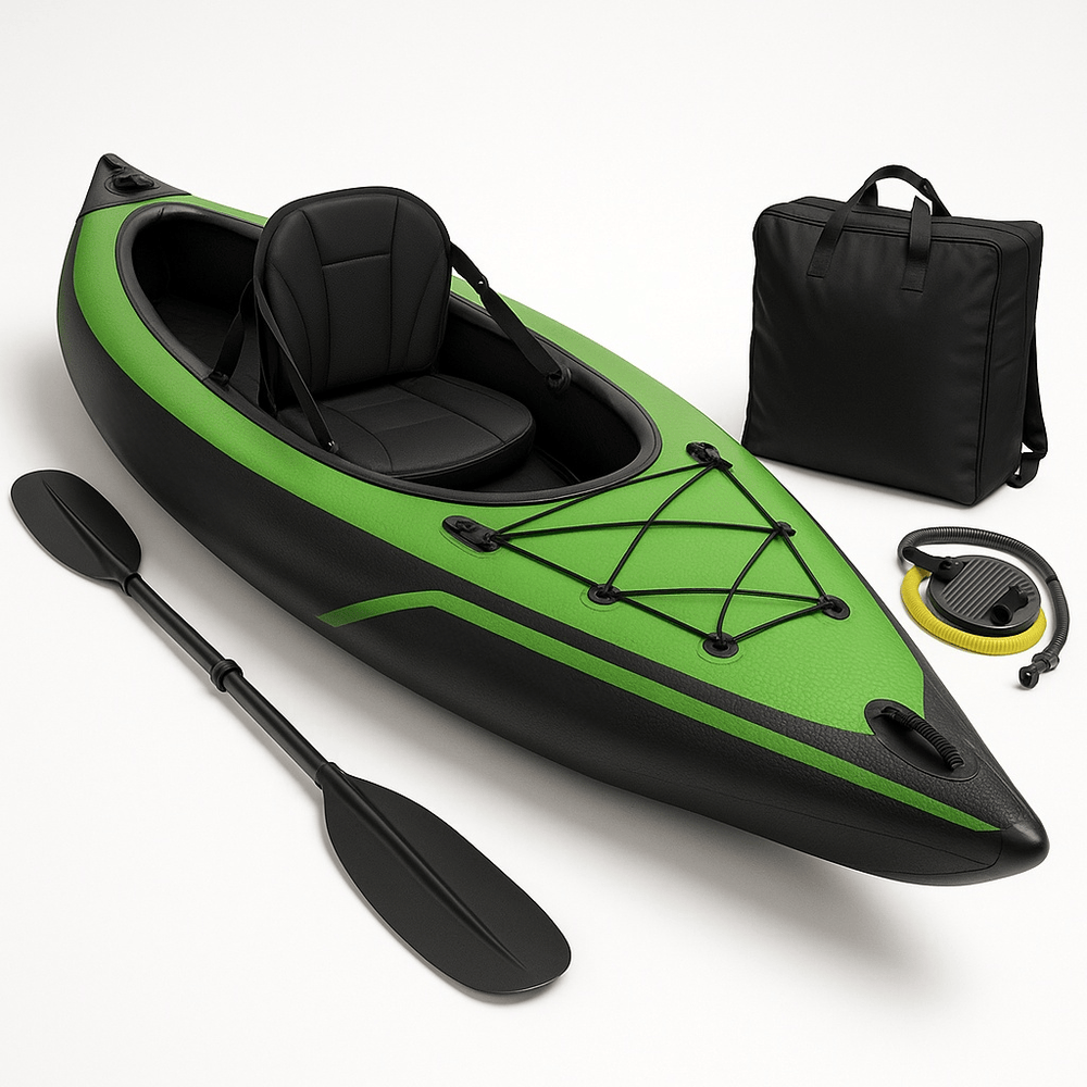 Kayak gonflable pour loisirs aquatiques, design compact, siège ajustable, en PVC, vert/noir, kayak individuel-Flowaqa