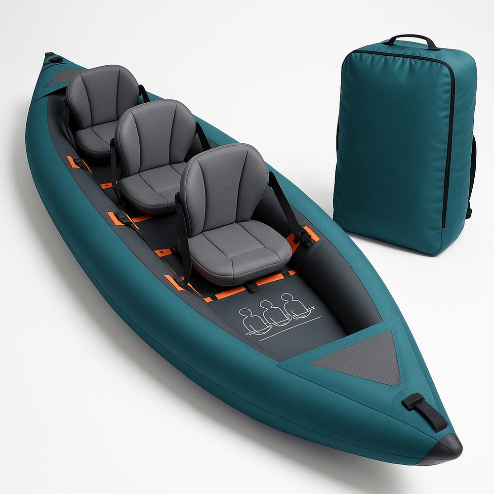 Kayak gonflable trois places loisirs nautiques stable PVC bleu/argent-Flowaqa