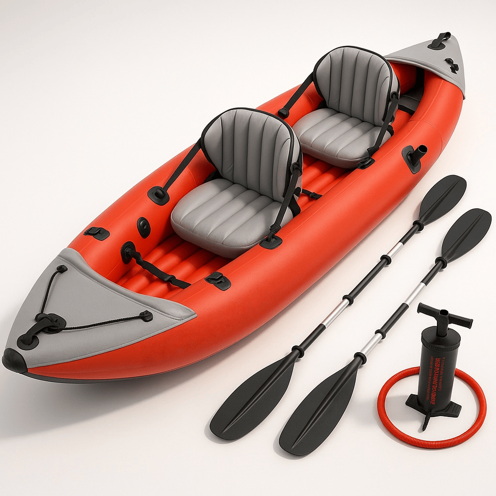 Canoë gonflable double siège pour loisirs nautiques avec pagaies en PVC rouge/gris-Flowaqa