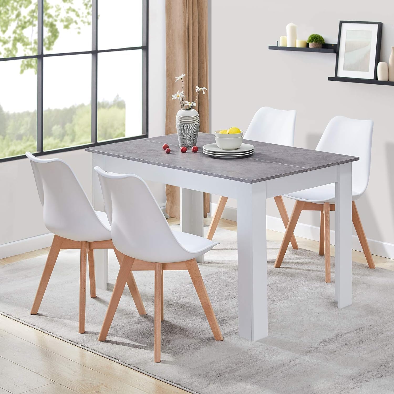 Pack de 4 Sillas Comedor Nórdicas, Sillas de Cocina Nórdicas con Patas de Madera Maciza de Haya, con Respaldo Ergonómico, Asiento Acolchado y Tapizado, Blanco