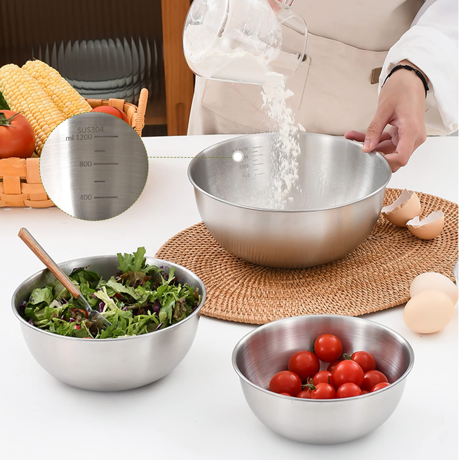 Cuencos Cocina Set de 4 Ensaladeras de Acero Inoxidable, 4 tamaños - 0.7 L/ 1.2 L/ 1.8 L/ 2.5 L, 4 Boles Aptos para Lavavajillas y Apilables