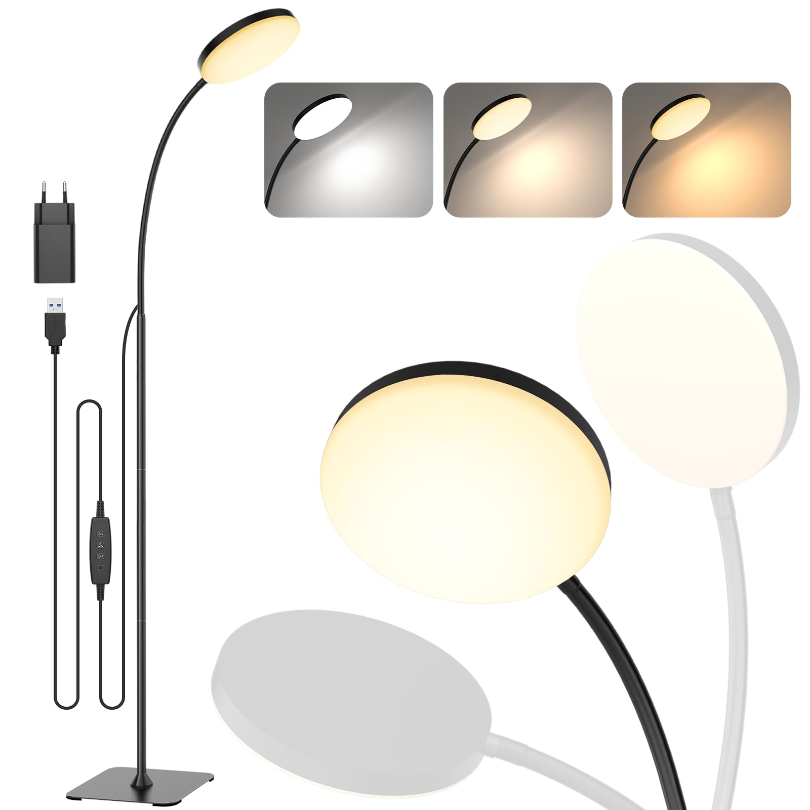 Lámpara de Pie, [3 Colores y 10 Luminosidades] Lámpara LED de lectura de pie, regulable y flexible para habitaciones infantiles, oficina, salón, mesilla de noche de esquina [Clase de eficiencia energética A]
