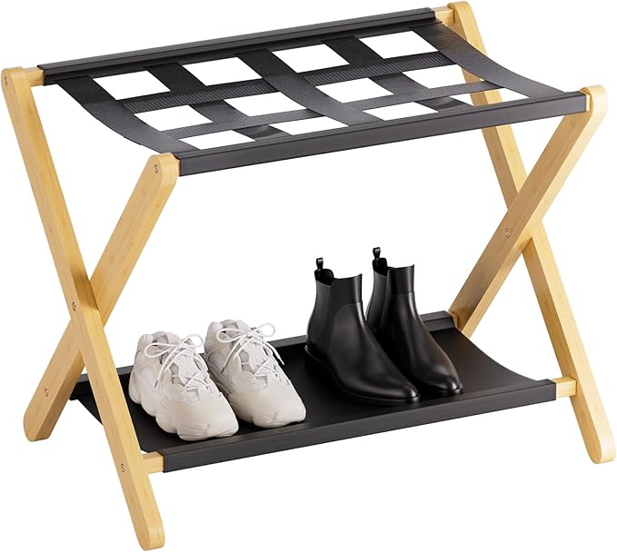 Suporte para bagagem, suporte para mala dobrável para quarto de hóspedes, suporte para bagagem em bambu com suporte para quarto de hotel, cor natural
