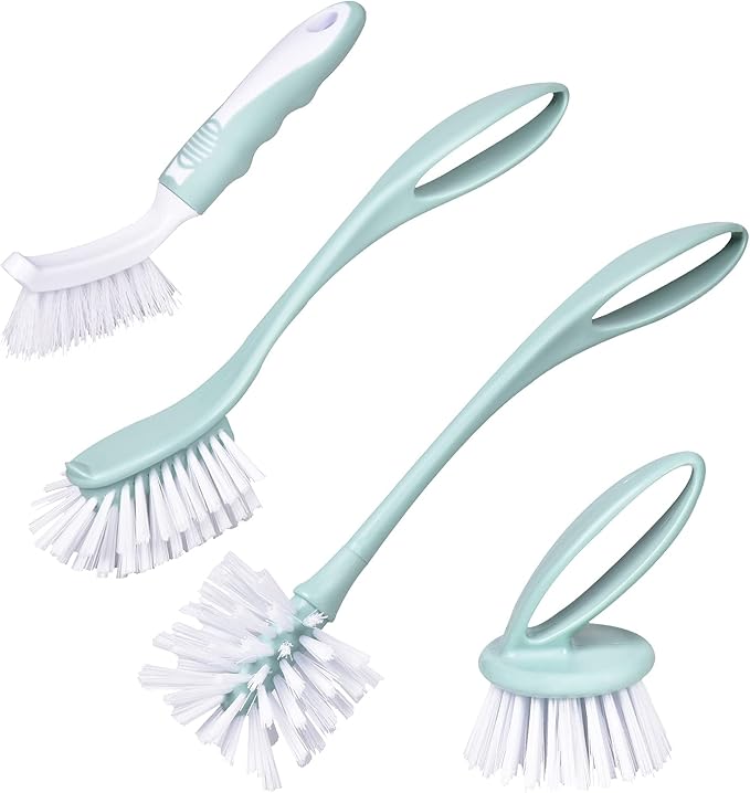 Escova de loiça com cabo, conjunto de escova de loiça de cozinha, conjunto de 4 escovas de limpeza de cozinha (para panelas e frigideiras), verde nórdico