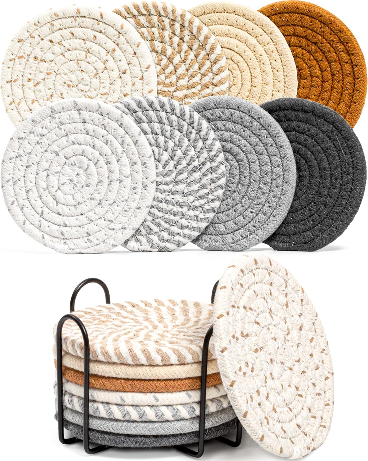 8 peças de porta-copos com suportes, 8 cores de porta-copos absorventes para bebidas, porta-copos simples, conjunto de porta-copos de algodão, porta-copos de tecido para mesa de centro, decoração de casa, bar, presente de inauguração, 4,3 polegadas
