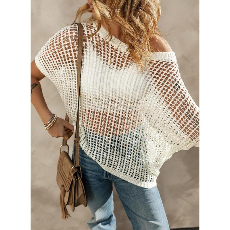 🎁Hot Sale 49% OFF🔥 Womens Summer Scoop Neck Short Sleeve Sweater Casual Crochet Hollow Out Knit Tops Pullover Shirts Beach Coverup