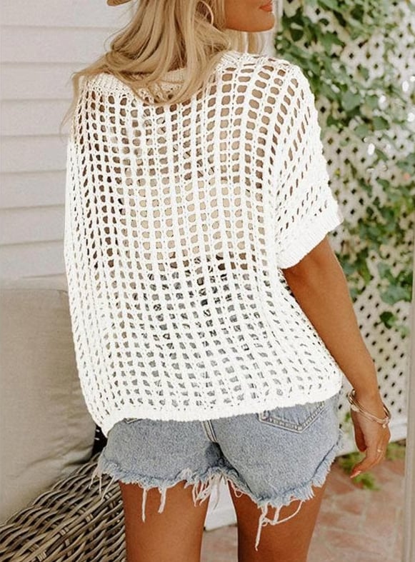 🎁Hot Sale 49% OFF🔥 Womens Summer Scoop Neck Short Sleeve Sweater Casual Crochet Hollow Out Knit Tops Pullover Shirts Beach Coverup