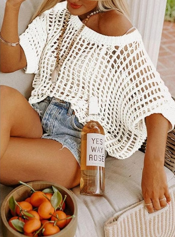 🎁Hot Sale 49% OFF🔥 Womens Summer Scoop Neck Short Sleeve Sweater Casual Crochet Hollow Out Knit Tops Pullover Shirts Beach Coverup