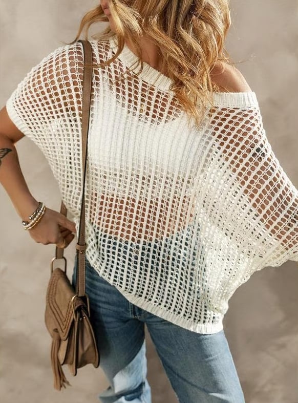 🎁Hot Sale 49% OFF🔥 Womens Summer Scoop Neck Short Sleeve Sweater Casual Crochet Hollow Out Knit Tops Pullover Shirts Beach Coverup