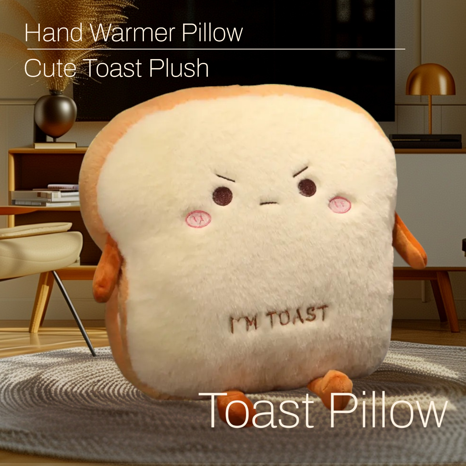 Cute Toast Bread Plushie Tummy Time Happy Face Pillow Plush Toy | 15.74-inch