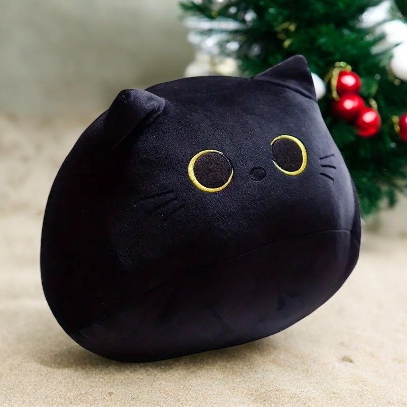 Cute Round Black Cat Tummy Time Pillow Plush Toy | 10-inch to 21-inch