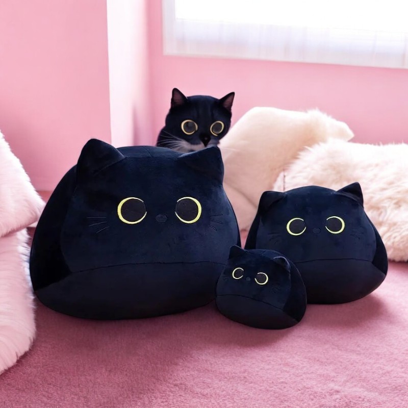 Cute Round Black Cat Tummy Time Pillow Plush Toy | 10-inch to 21-inch