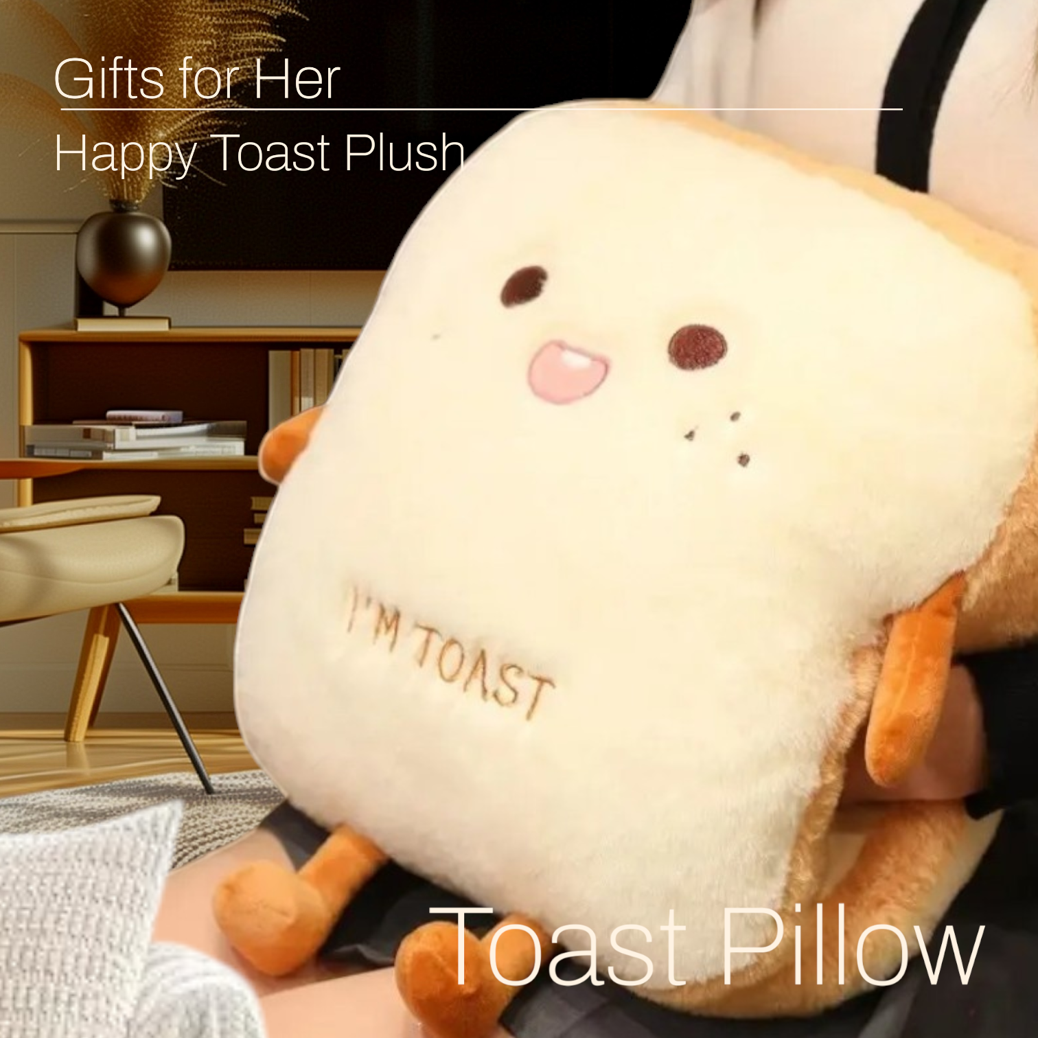 Cute Toast Bread Plushie Tummy Time Happy Face Pillow Plush Toy | 15.74-inch