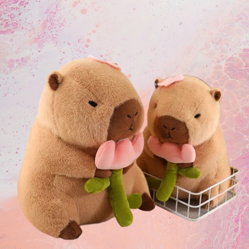 Cute Brown Capybara Pink Flower Tummy Time Pillow Plush Toy| 9.5-Inch