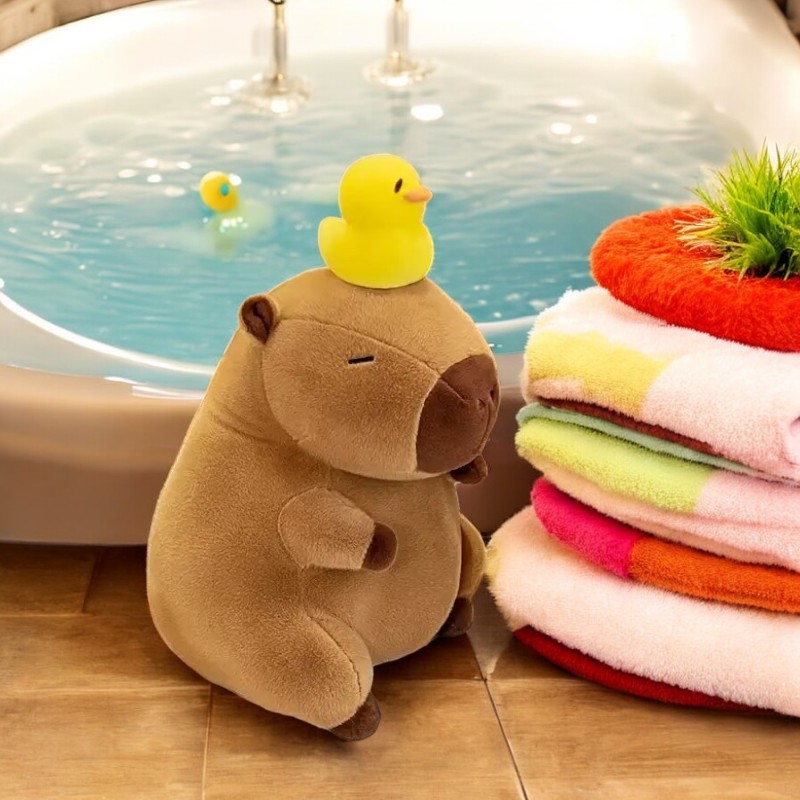 Cute Brown Capybara Yellow Ducky  Shower Soft Pillow Plush Toy | 17.7-inch