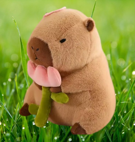 Cute Brown Capybara Pink Flower Tummy Time Pillow Plush Toy| 9.5-Inch