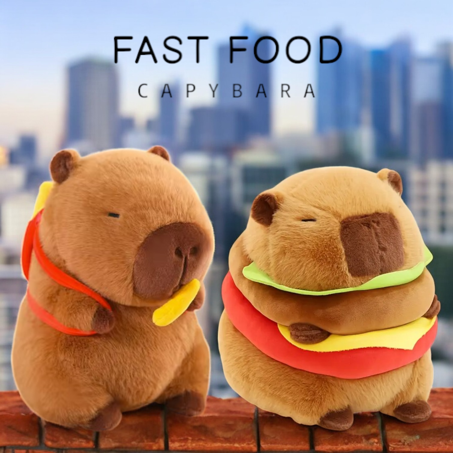 Cute Brown Capybara Hamburger French Fries Tummy Time Pillow Plush Toy