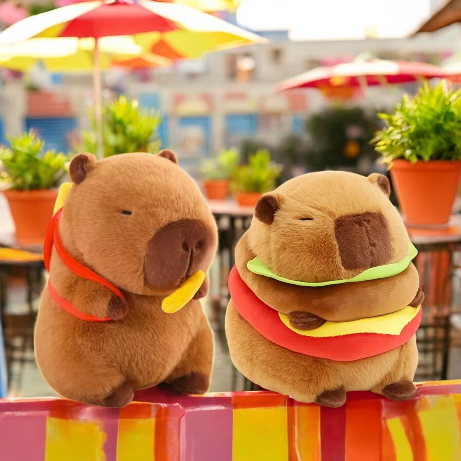 Cute Brown Capybara Hamburger French Fries Tummy Time Pillow Plush Toy