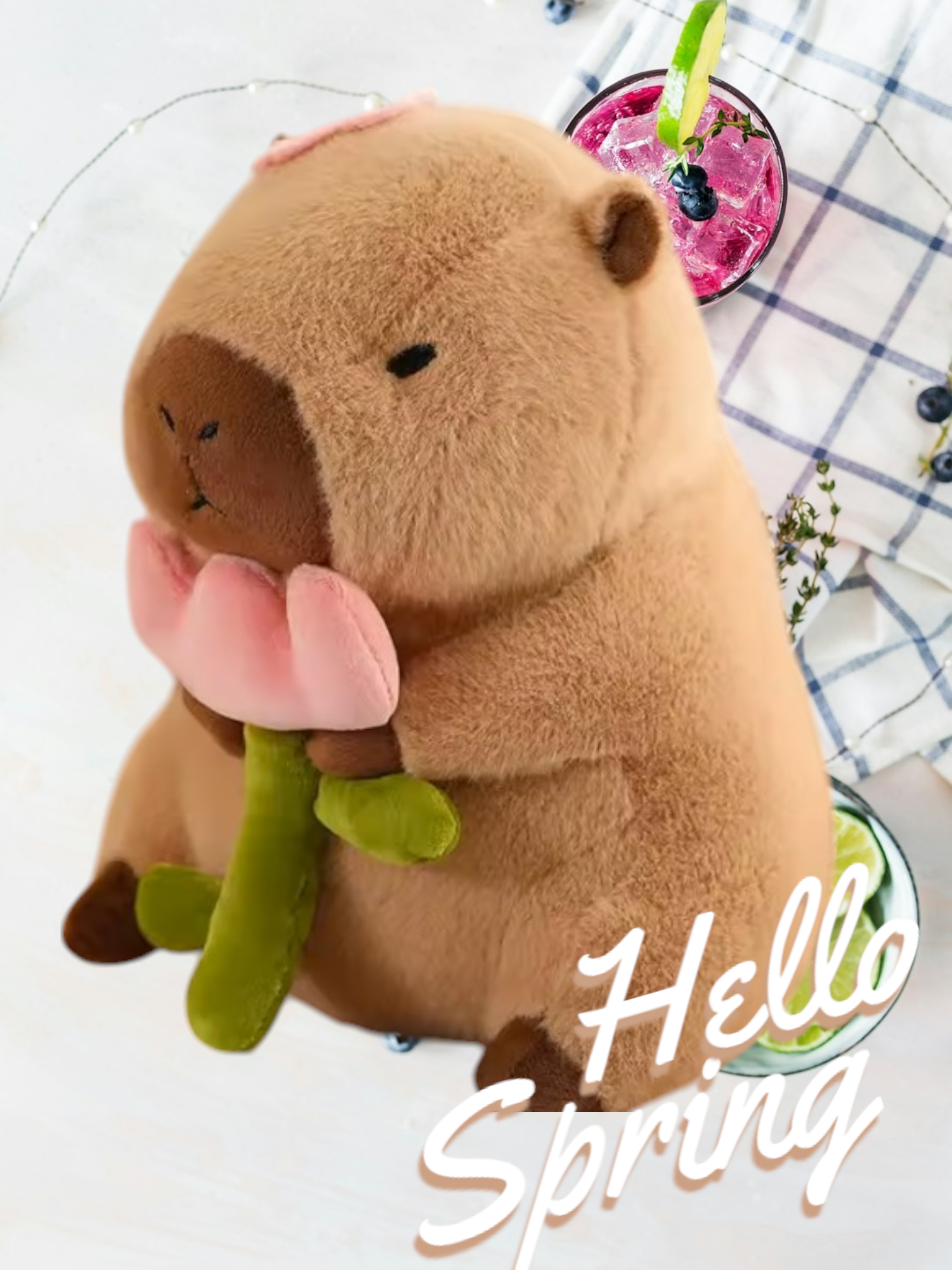 Cute Brown Capybara Pink Flower Tummy Time Pillow Plush Toy| 9.5-Inch