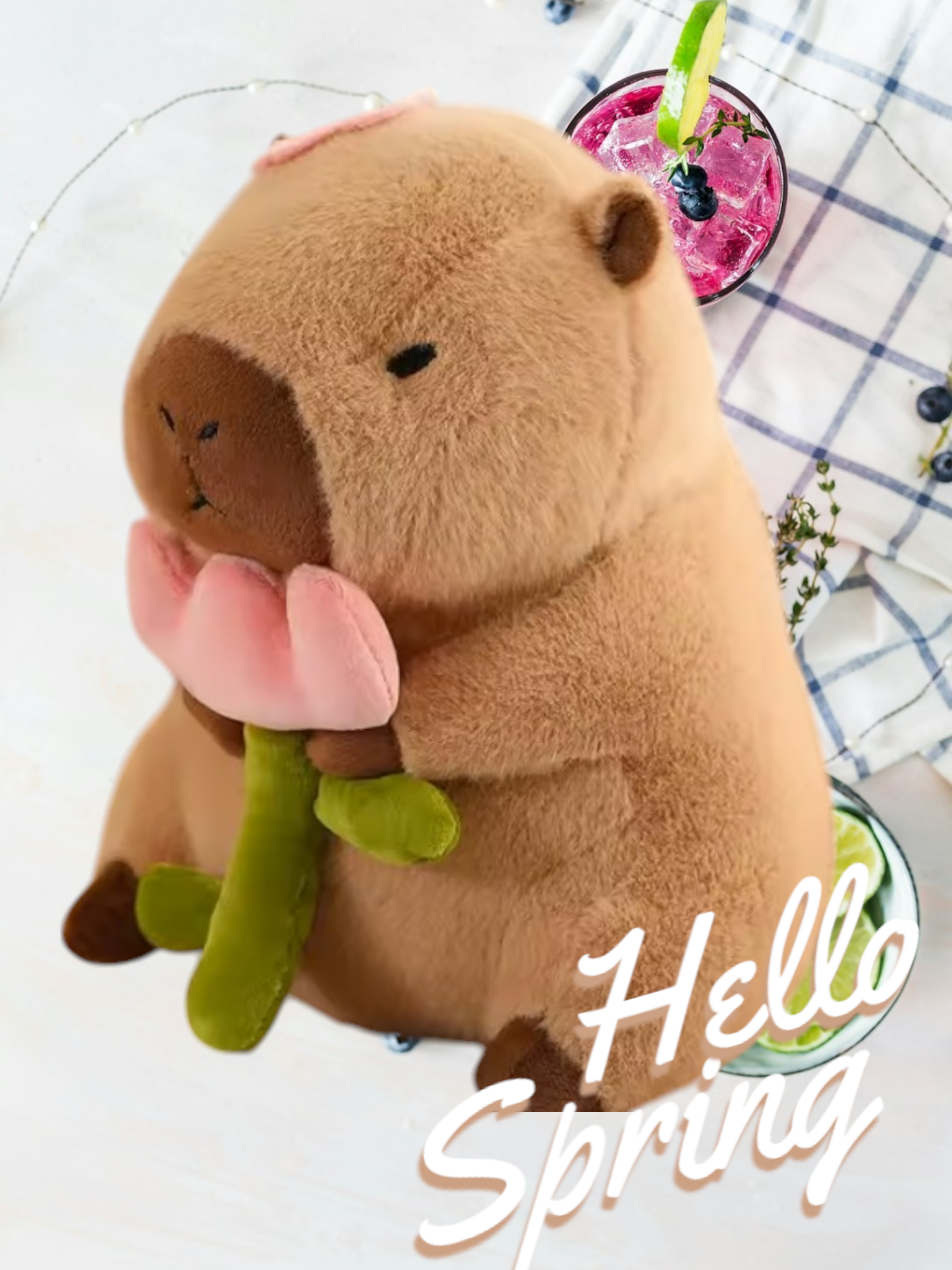 Cute Brown Capybara Pink Flower Tummy Time Pillow Plush Toy| 9.5-Inch