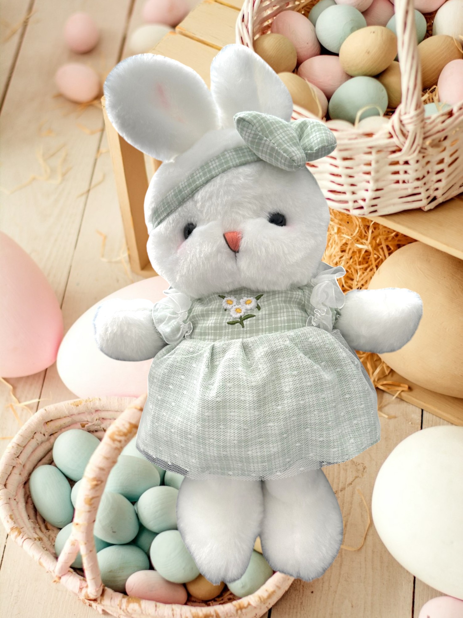 Soft Light Green Pink Baby Bunny Tummy Time Pillow Plush Toy | 15.8-inch