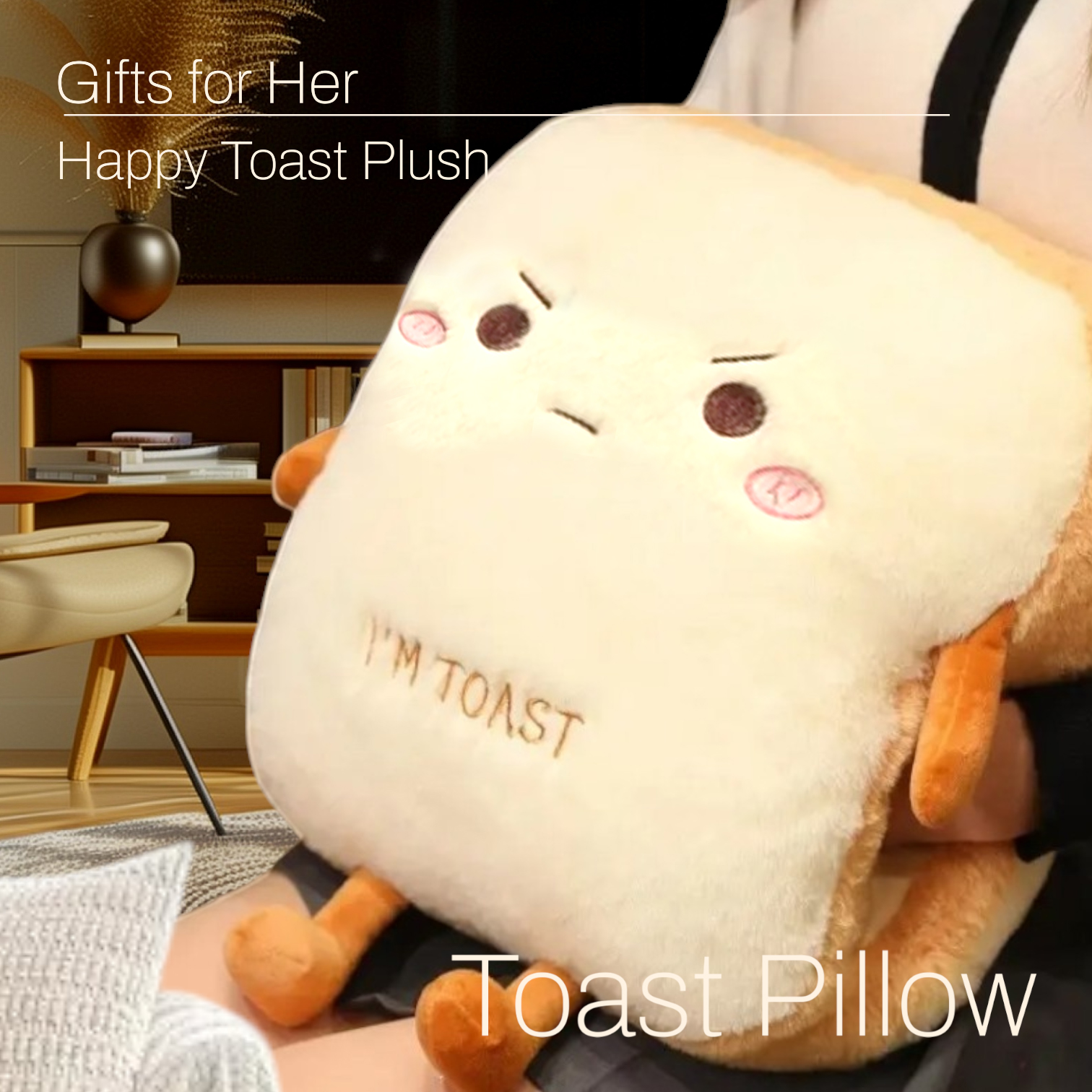 Cute Toast Bread Plushie Tummy Time Happy Face Pillow Plush Toy | 15.74-inch