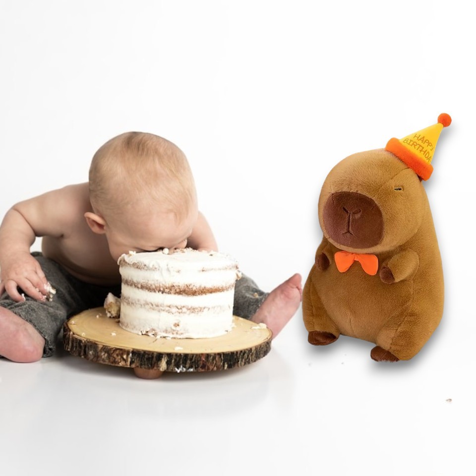 Capybara Happy Birthday Yellow Hat Tummy Time Pillow Plush Toy 11.71 inch