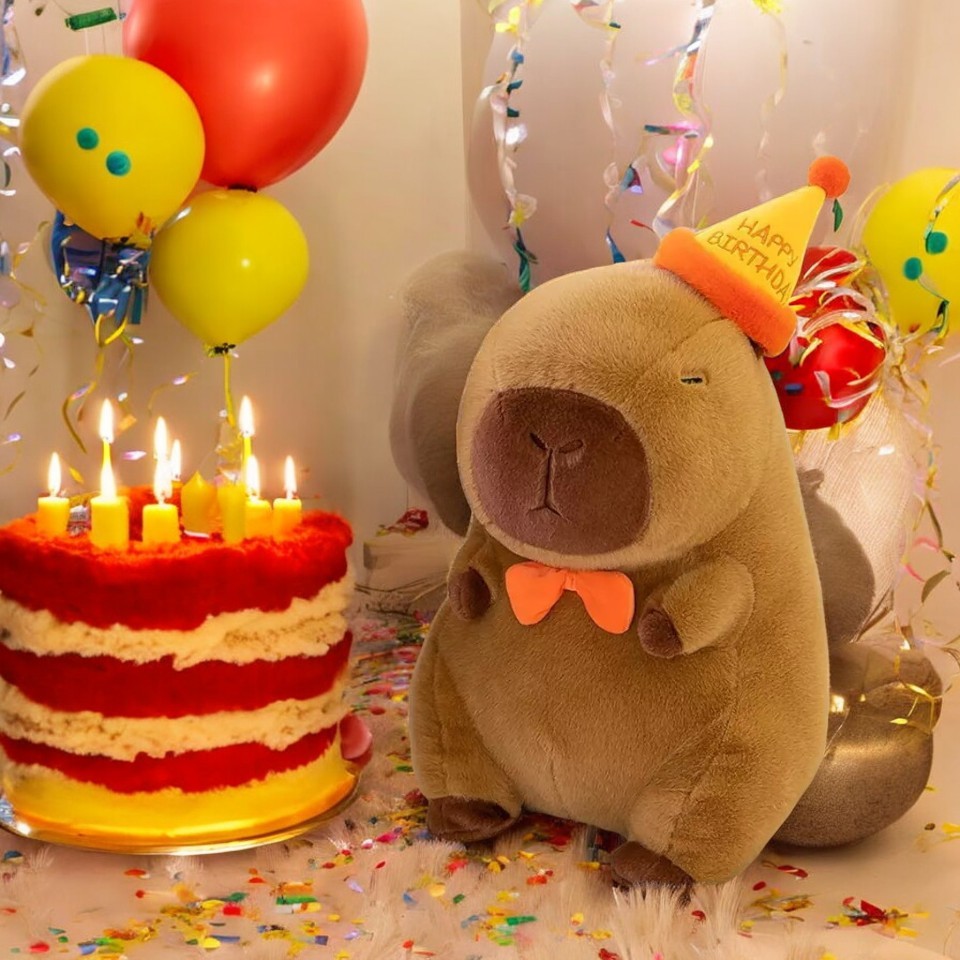 Capybara Happy Birthday Yellow Hat Tummy Time Pillow Plush Toy 11.71 inch
