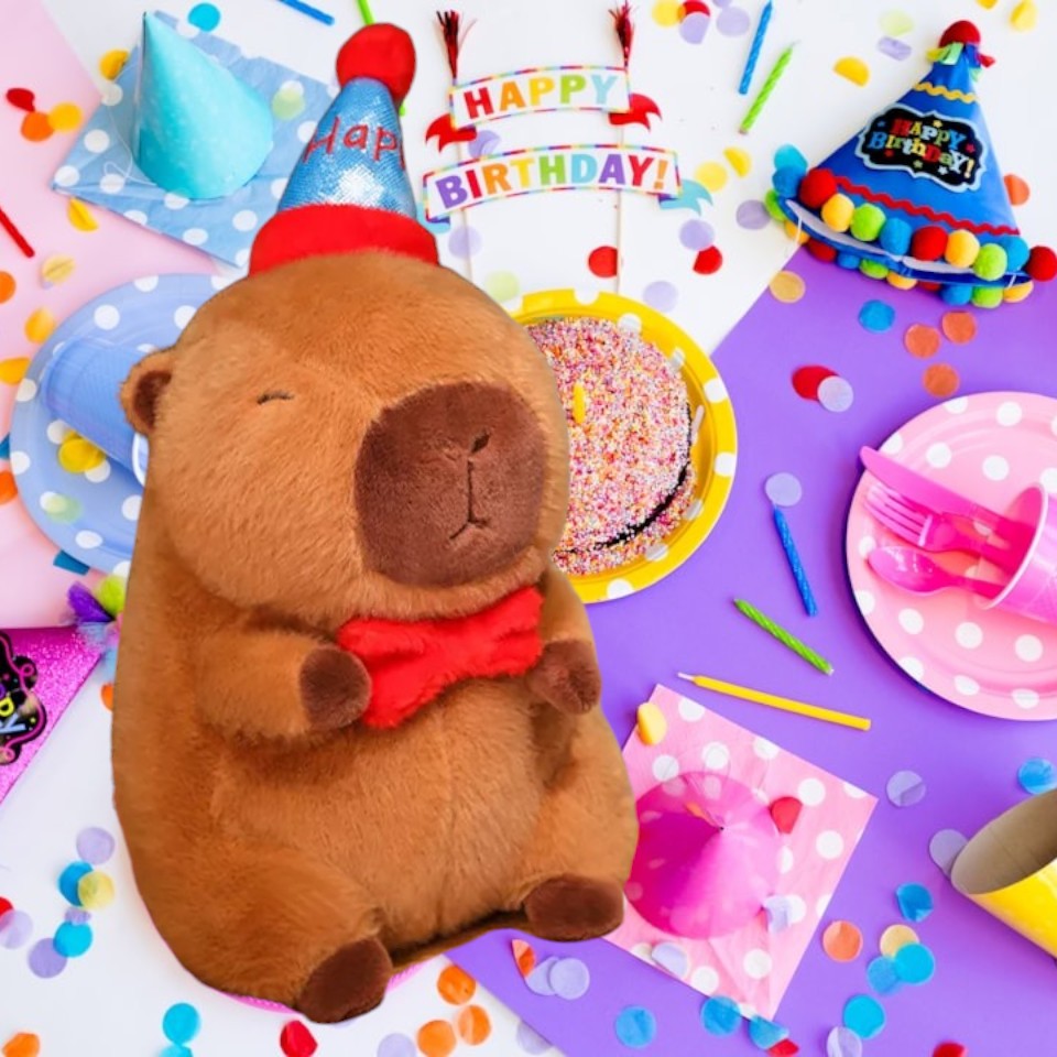 Capybara Happy Birthday Blue Hat Tummy Time Pillow Plush Toy | 11.71-inch