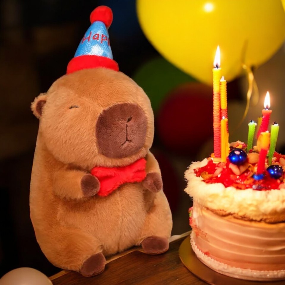 Capybara Happy Birthday Blue Hat Tummy Time Pillow Plush Toy | 11.71-inch