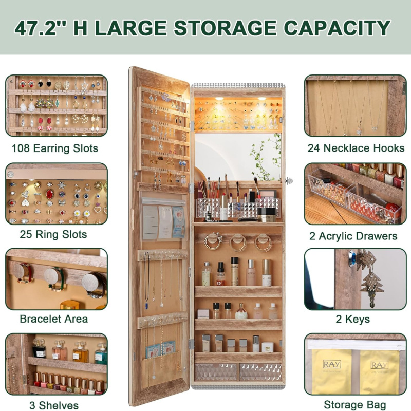 💥2025 Mother's Day Gifts 💖LED Mirror Jewelry Cabinet with RGB Lights