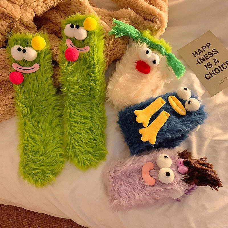 Unleash the Cuteness❄️: Warm & Cozy Fluffy Cartoon Monster Socks on Sale! 🧦👾