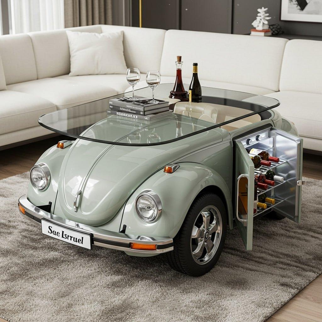 🚗Beetle Inspired Coffee Table with Built-In Fridge: Cool & Creative Home Decor🤩
