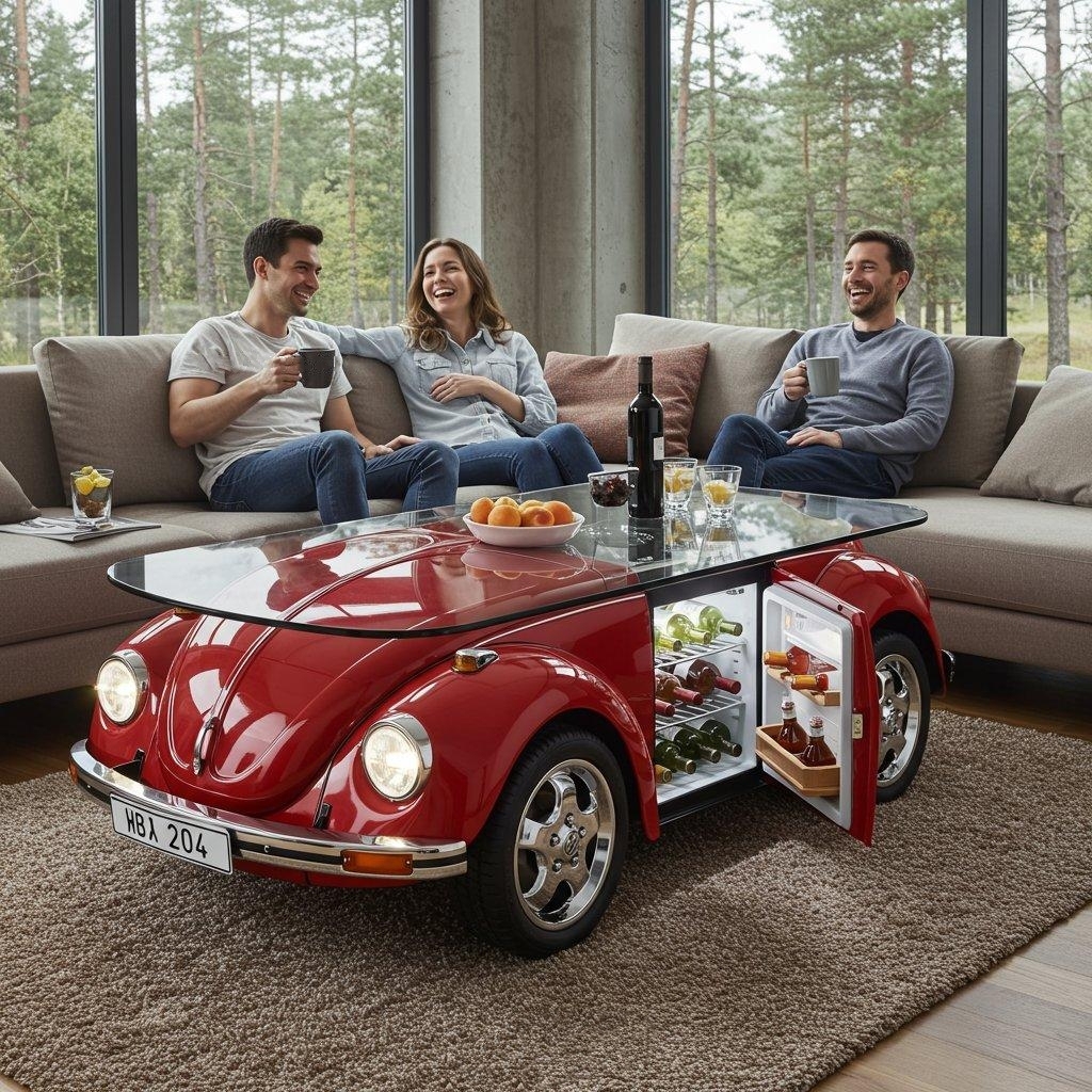 🚗Beetle Inspired Coffee Table with Built-In Fridge: Cool & Creative H