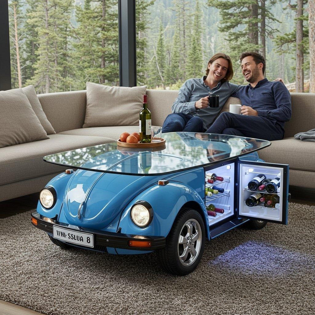 🚗Beetle Inspired Coffee Table with Built-In Fridge: Cool & Creative Home Decor🤩