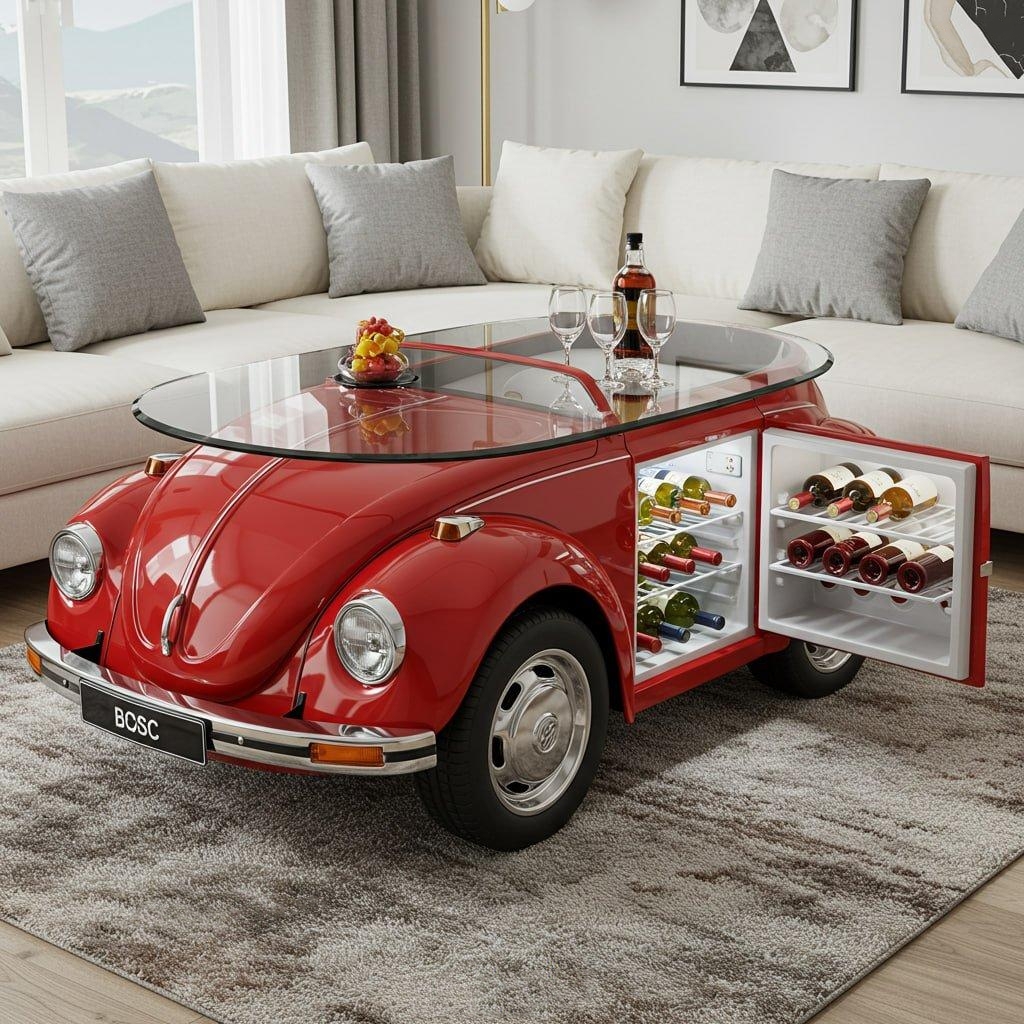 🚗Beetle Inspired Coffee Table with Built-In Fridge: Cool & Creative Home Decor🤩