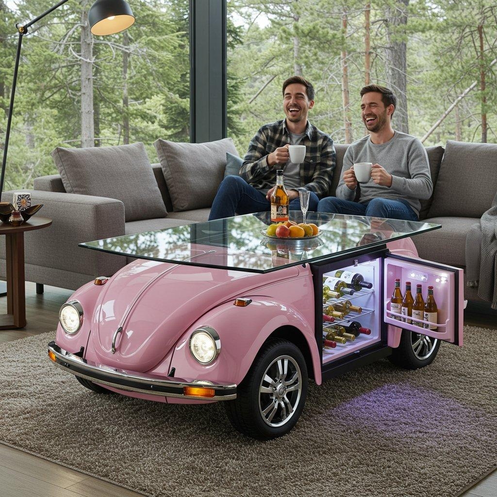 🚗Beetle Inspired Coffee Table with Built-In Fridge: Cool & Creative H