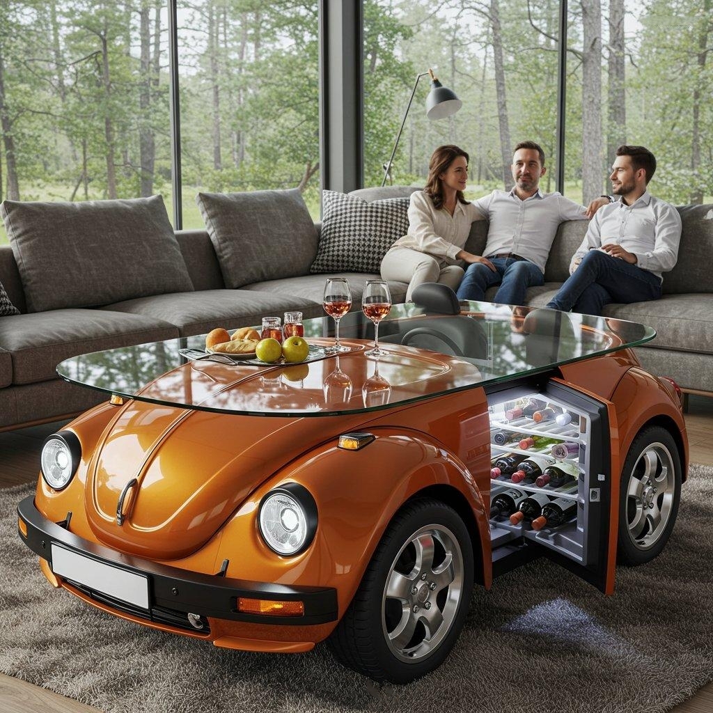 🚗Beetle Inspired Coffee Table with Built-In Fridge: Cool & Creative Home Decor🤩