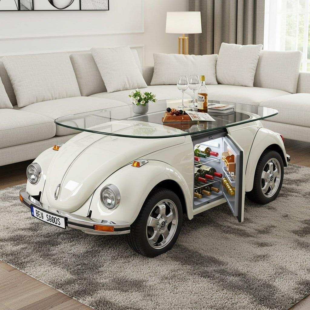 🚗Beetle Inspired Coffee Table with Built-In Fridge: Cool & Creative H